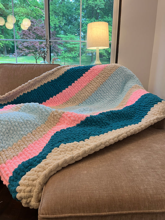 Large Blanket - Striped Cream, Blue, Teal and Pink